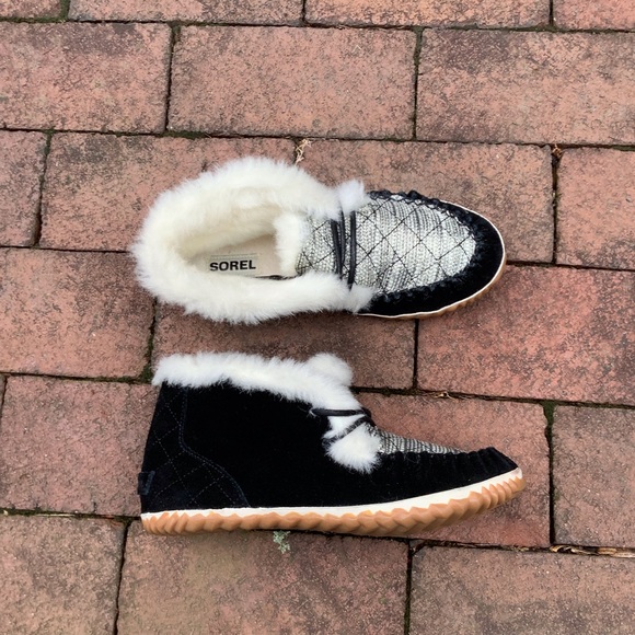 Sorel Shoes - SOREL Out N About Black/Gold Suede Faux Fur Moccasin Bootie Slipper